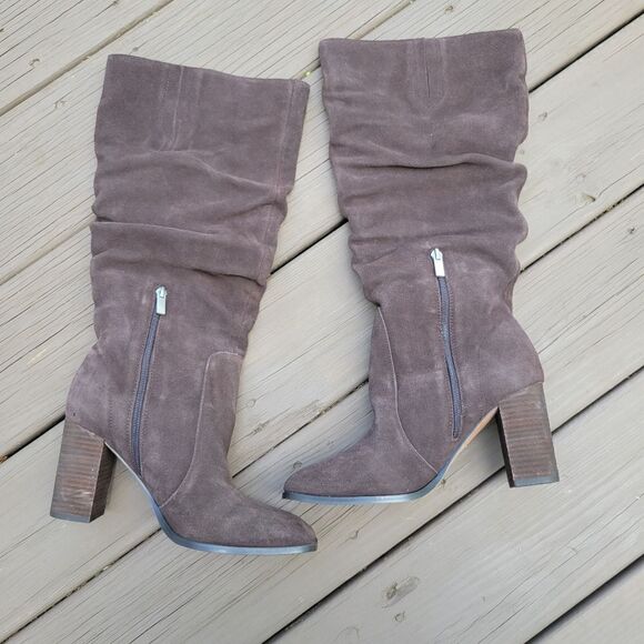 Splendid Chocolate Brown Suede Leather Square Toe Chunky Heel Slouchy Tall Boots - Picture 3 of 8